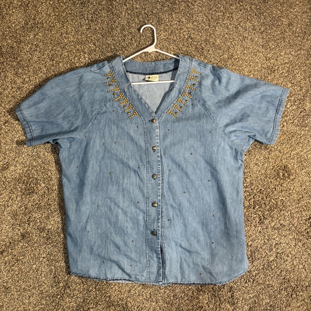 Vintage Visage Ladies Fashion Embroidered Denim Button-Up Shirt